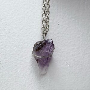 Handmade Amethyst Necklace Raw Nugget Wire Wrapped Gemstone Silver Plated